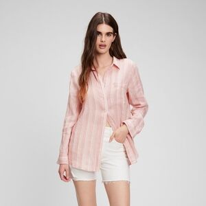 GAP Linen Boyfriend Shirt Pink Stripe Long Sleeve Tall Size Large